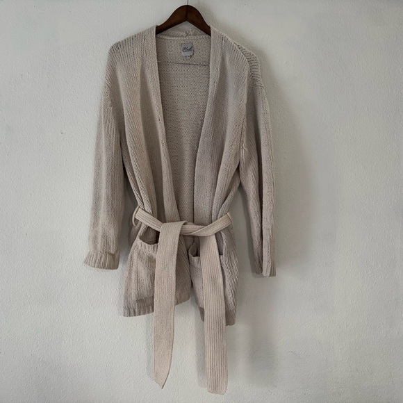 Cozy Oatmeal Beige Knit Tie Waist Cardigan Sweater Cream L/XL Plush Hygge Chic - Picture 12 of 14
